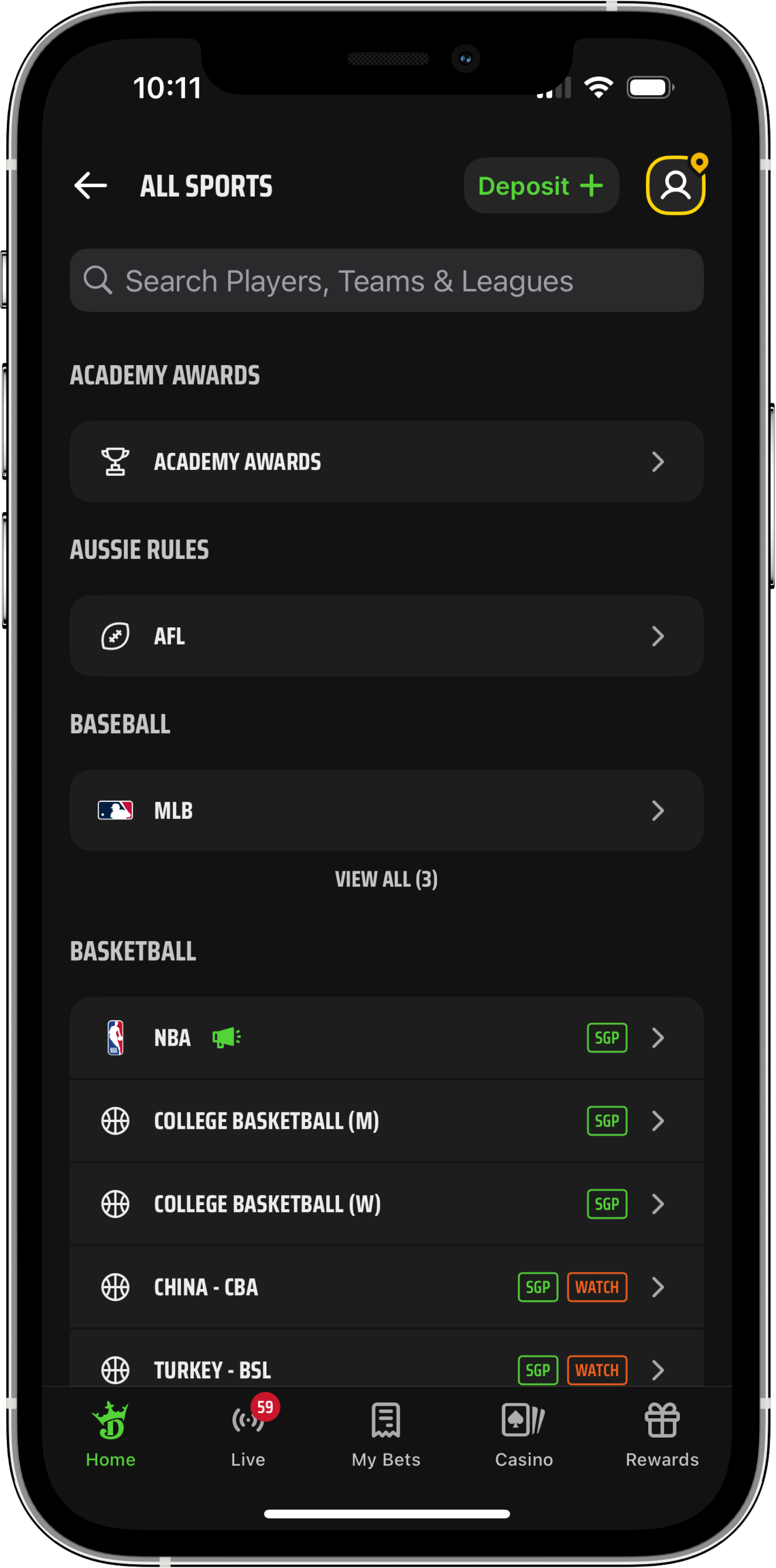 Search and Sport Selection on DraftKings mobile app: DraftKings Promo Code review